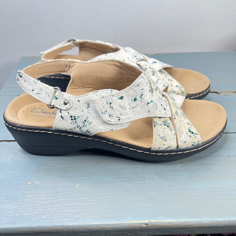 Clarks Collection Arla Glitz Wedge Sandals Cream Teal Floral Womens 9 - Picture 11 of 11